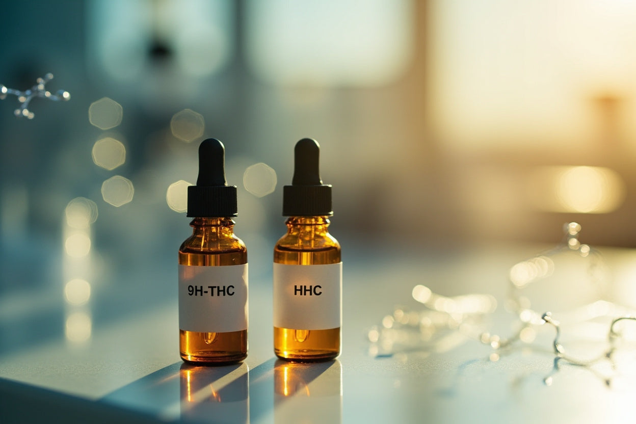Zwei Bernstein-Gläser mit 9H-THC und 9H-HHC Etiketten auf Laborbank — Cannabinoid Vergleich