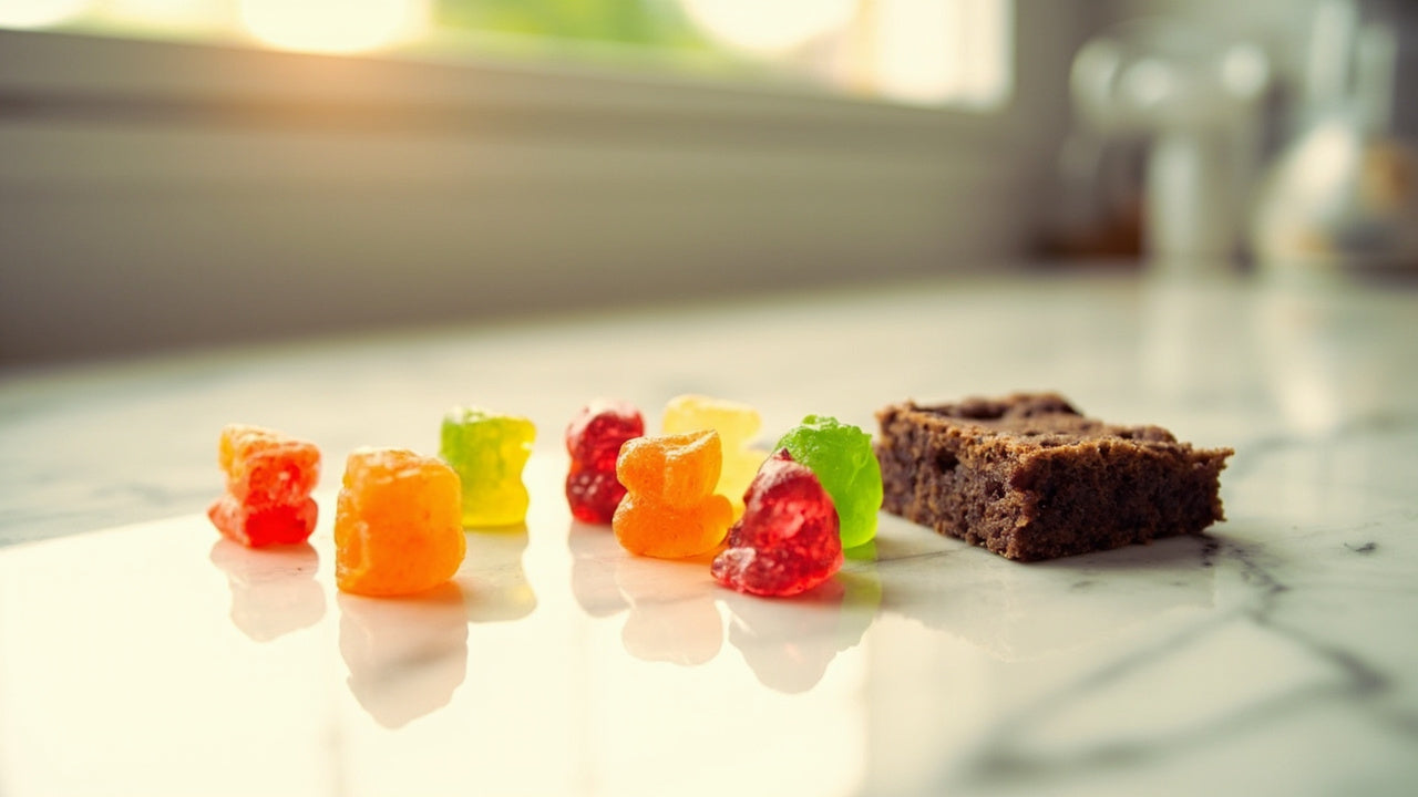 Bunte Gummibärchen und Brownie auf Marmor-Arbeitsplatte — Edibles wirken nicht
