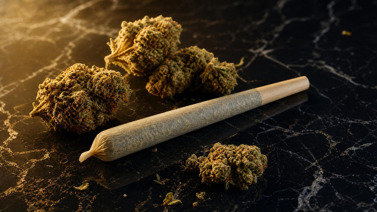 Premium Superior Pre-Roll Joint mit Cannabis-Blüten auf Marmor – Hero 2026