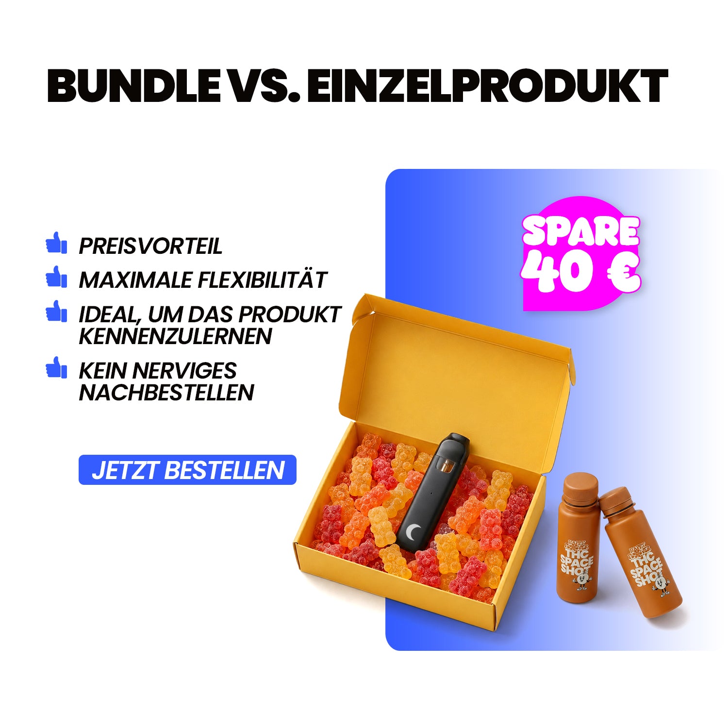 Werbegrafik mit der Überschrift „Bundle vs. Einzelprodukt“. Links stehen Vorteile wie Preisvorteil, maximale Flexibilität, Produkt kennenlernen und kein Nachbestellen. Rechts ist eine gelbe Box mit Gummibärchen, einem Vape und zwei kleinen Shots zu sehen, dazu ein pinker Hinweis „Spare 40 €“ und ein Button „Jetzt bestellen“.
