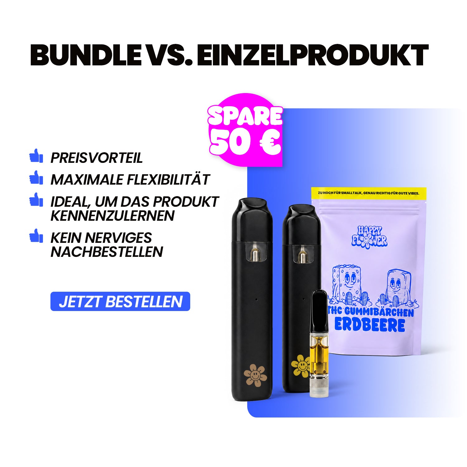 Werbegrafik mit der Überschrift „Bundle vs. Einzelprodukt“. Links werden Vorteile wie Preisvorteil, maximale Flexibilität, Produkt kennenlernen und kein Nachbestellen aufgelistet. Rechts sind zwei schwarze Vapes, eine kleine Kartusche und eine lilafarbene Packung THC-Gummibärchen Erdbeere zu sehen, dazu ein pinker Hinweis „Spare 50 €“ und ein Button „Jetzt bestellen“.
