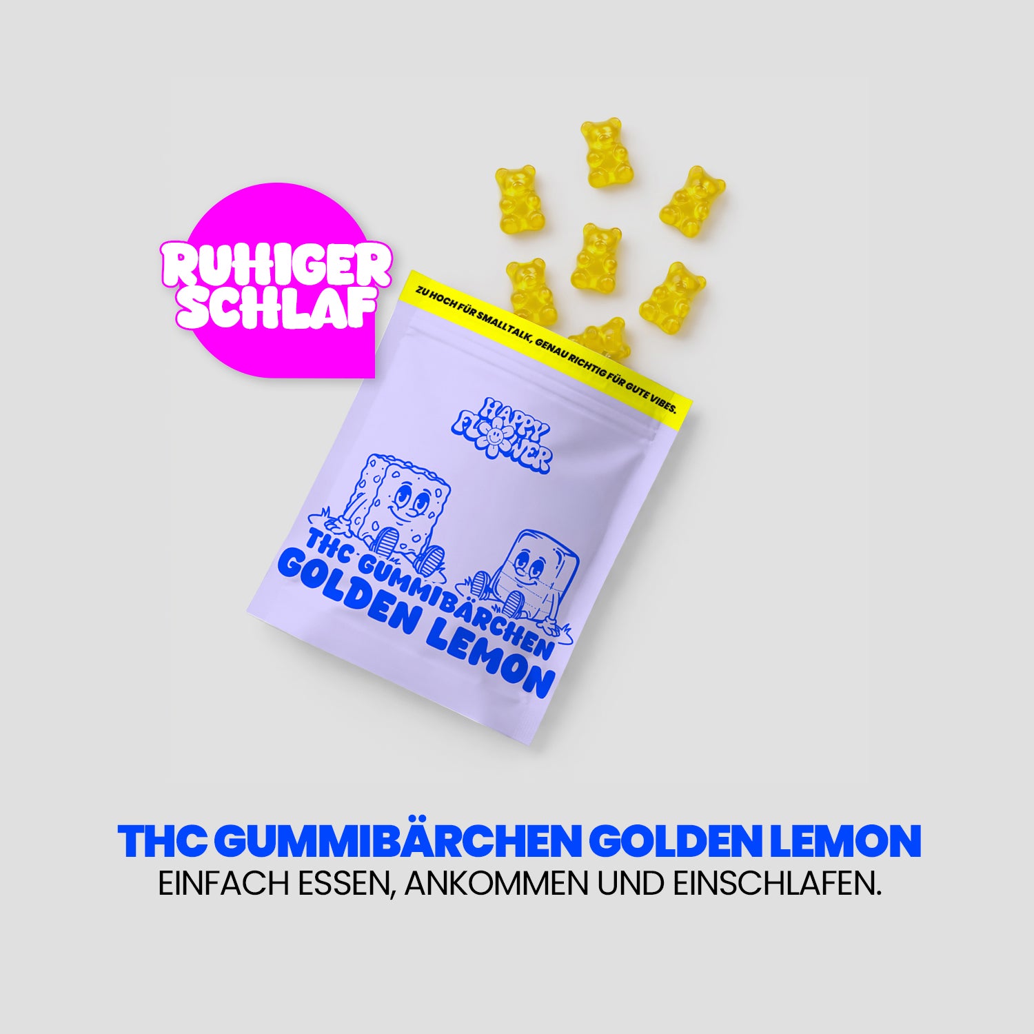 Werbegrafik für „THC Gummibärchen Golden Lemon“. Eine lilafarbene Produktverpackung liegt auf hellem Hintergrund, daneben schweben gelbe Gummibärchen. Links steht in einer pinken Sprechblase „Ruhiger Schlaf“, darunter der Claim: „Einfach essen, ankommen und einschlafen.“