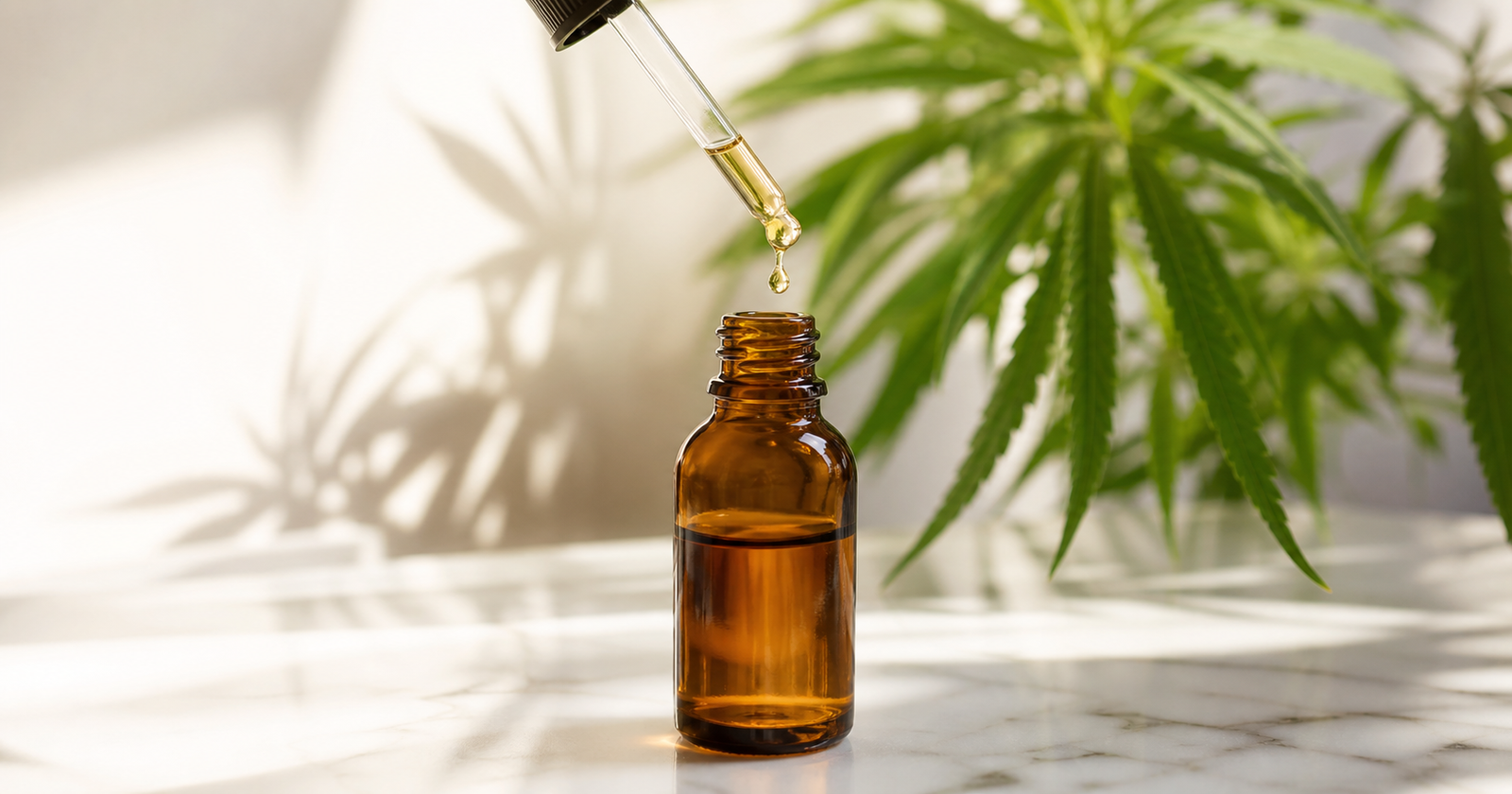 Glas-Tinkturflasche mit Pipette und Cannabis-Blatt — Cannabis Mikrodosierung