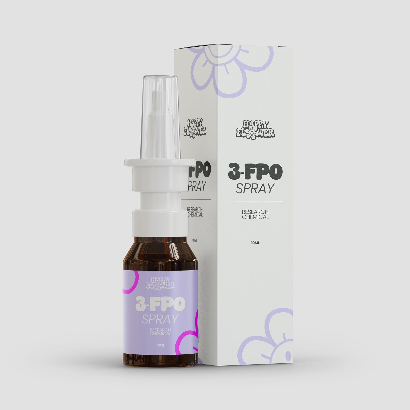 Braune 10-ml-Sprühflasche mit weißem Nasenaufsatz und transparenter Schutzkappe vor der passenden weißen Produktverpackung. Flasche und Karton tragen das Happy-Flower-Logo sowie die Aufschrift „3-FPO Spray – Research Chemical“ und lilafarbene Blütenelemente.