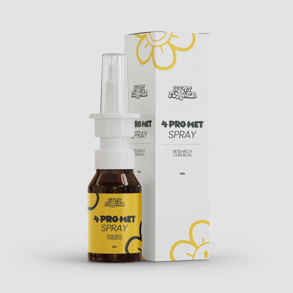Braune 5ml Happy Flower 4-Pro-Met Sprayflasche mit gelbem Etikett und weißem Sprühaufsatz, vor der passenden weißen Produktverpackung auf hellem Hintergrund.
