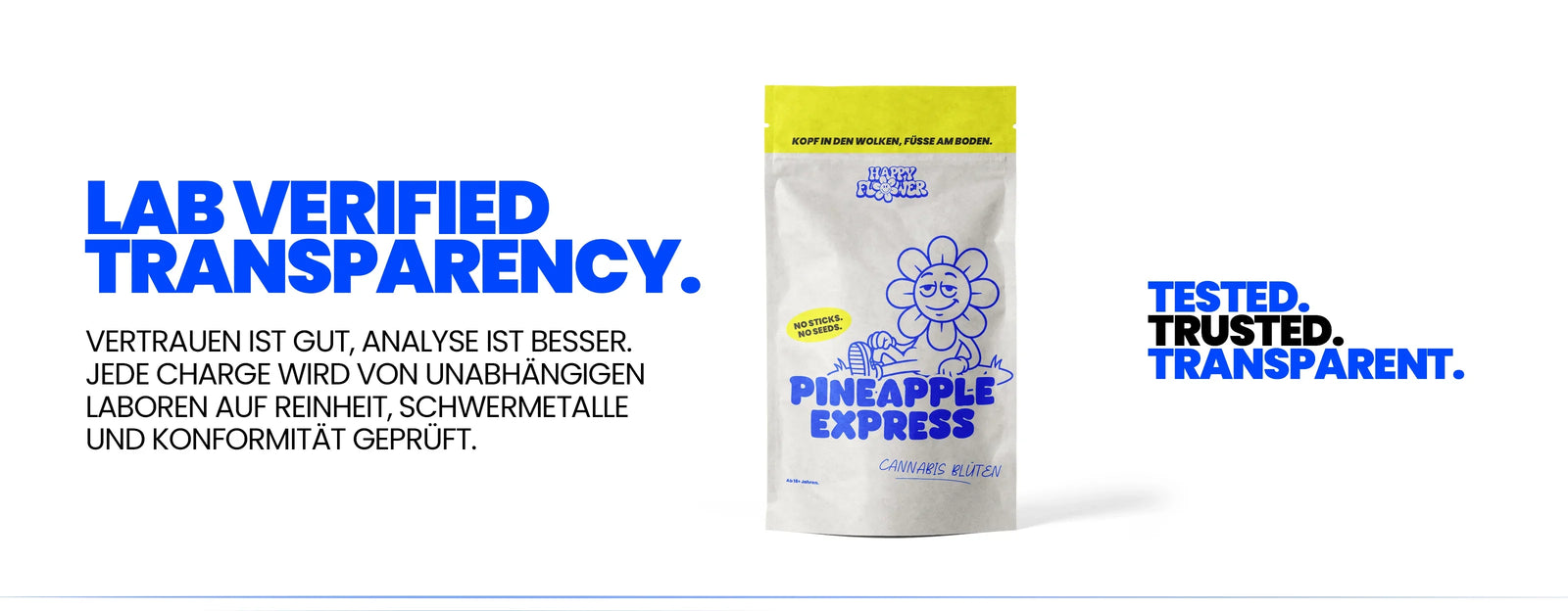 Laborgeprüfte Qualität bei Happy Flower: Pineapple Express Cannabis Blüten Verpackung, jede Charge von unabhängigen Laboren geprüft