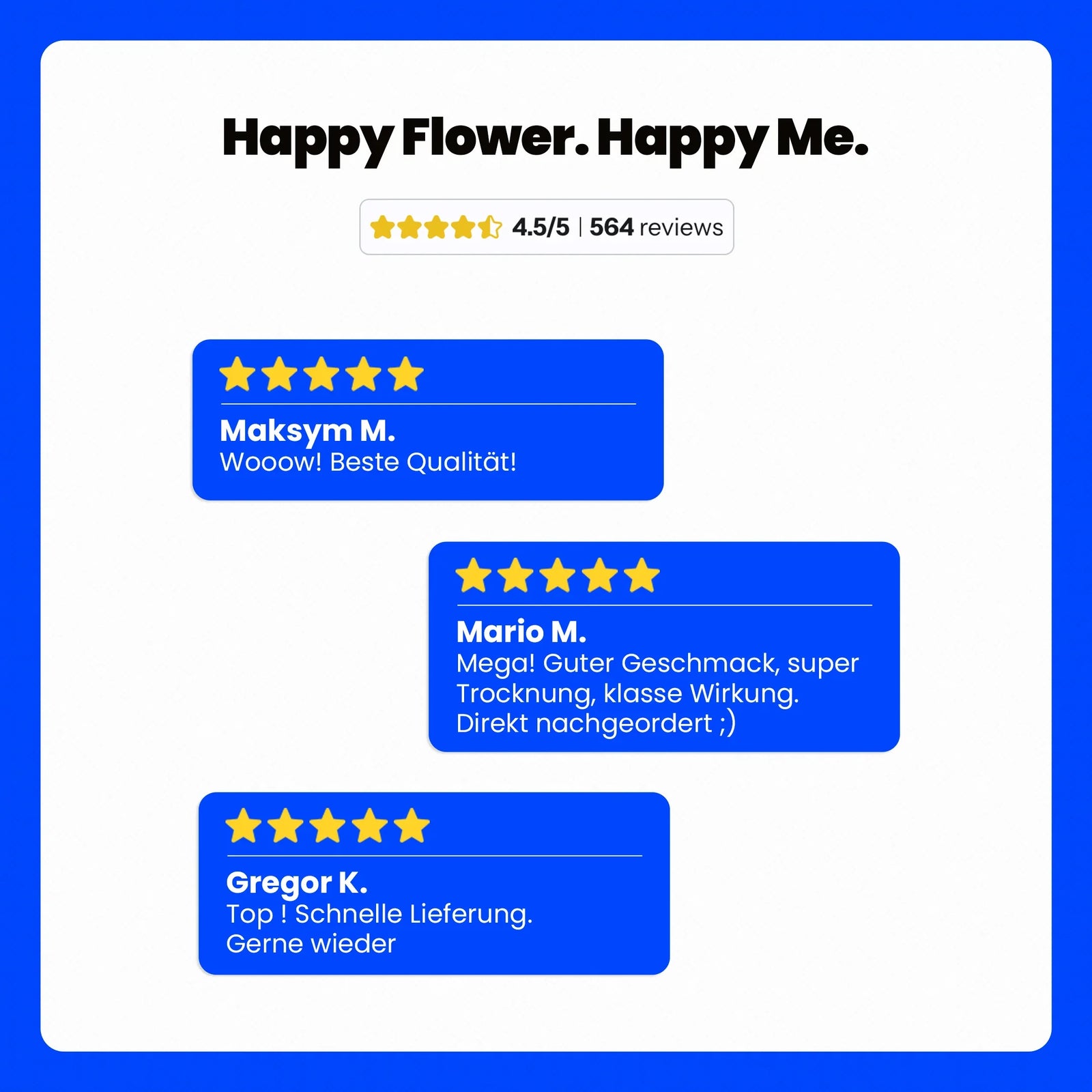 Review Happy Flower Cannabis Produkt, 5 Sterne. THC und CBD.