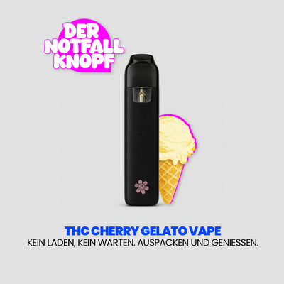 Werbegrafik für einen „THC Cherry Gelato Vape“. In der Mitte steht ein schwarzer Vape vor einem Eiscreme-Symbol, oben links steht „Der Notfall Knopf“. Darunter der Claim: „Kein Laden, kein Warten. Auspacken und genießen.“