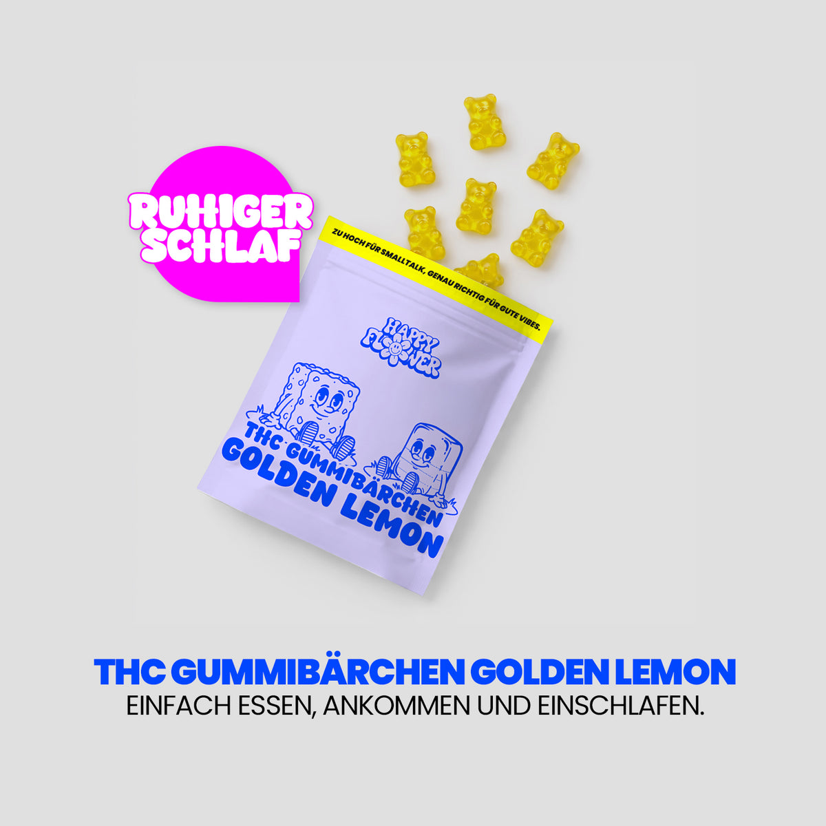 Werbegrafik für „THC Gummibärchen Golden Lemon“. Eine lilafarbene Produktverpackung liegt auf hellem Hintergrund, daneben schweben gelbe Gummibärchen. Links steht in einer pinken Sprechblase „Ruhiger Schlaf“, darunter der Claim: „Einfach essen, ankommen und einschlafen.“