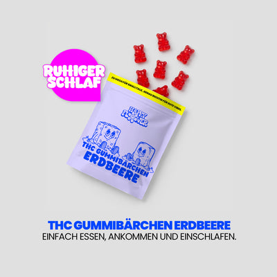 Werbegrafik für „THC Gummibärchen Erdbeere“. Eine lilafarbene Produktverpackung liegt auf hellem Hintergrund, daneben schweben gelbe Gummibärchen. Links steht in einer pinken Sprechblase „Ruhiger Schlaf“, darunter der Claim: „Einfach essen, ankommen und einschlafen.“