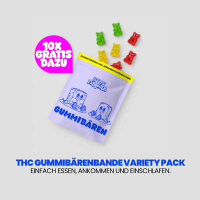 Werbegrafik für „THC Gummibärenbande Variety Pack“. Eine lilafarbene Produktverpackung liegt auf hellem Hintergrund, daneben schweben gelbe Gummibärchen. Links steht in einer pinken Sprechblase „Ruhiger Schlaf“, darunter der Claim: „Einfach essen, ankommen und einschlafen.“