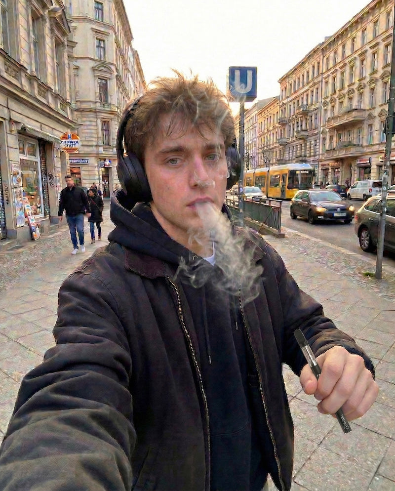 Junger Mann dampft eine Vape in Berlin
